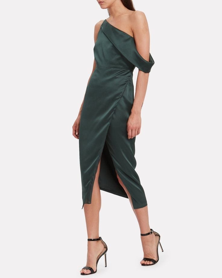 midi dress one shoulder slit vestido abierta en pierna un hombro cocktel cocktail green forest green verde botella formal