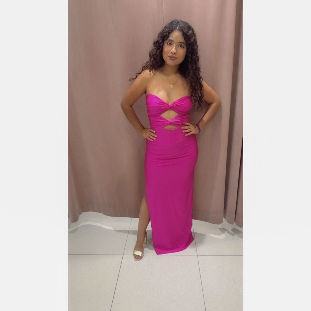 Vestido largo recto strapless rosa