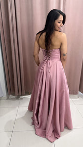 Vestido largo princesa corset strapless con bolsillos abierta en pierna