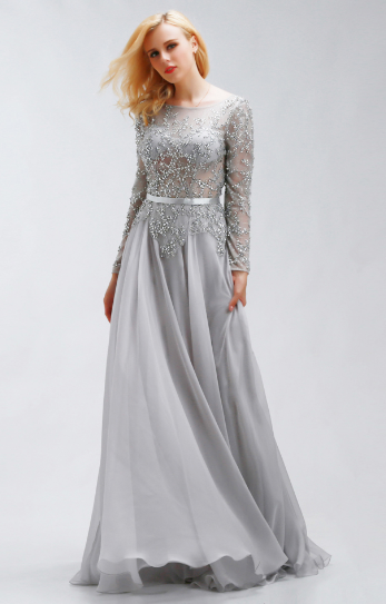 Vestido Princesa, Escote Barco, Manga Larga, Torzo de encaje